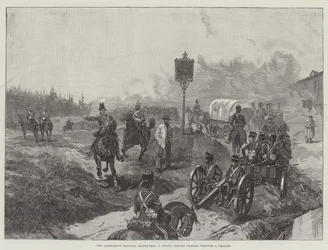 Die Militärmanöver von Aldershott, eine fliegende Kolonne zieht durch ein Dorf